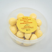 Load image into Gallery viewer, Red Hill Confectionery - White Chocolate Coated Raspberries 200g Tub

